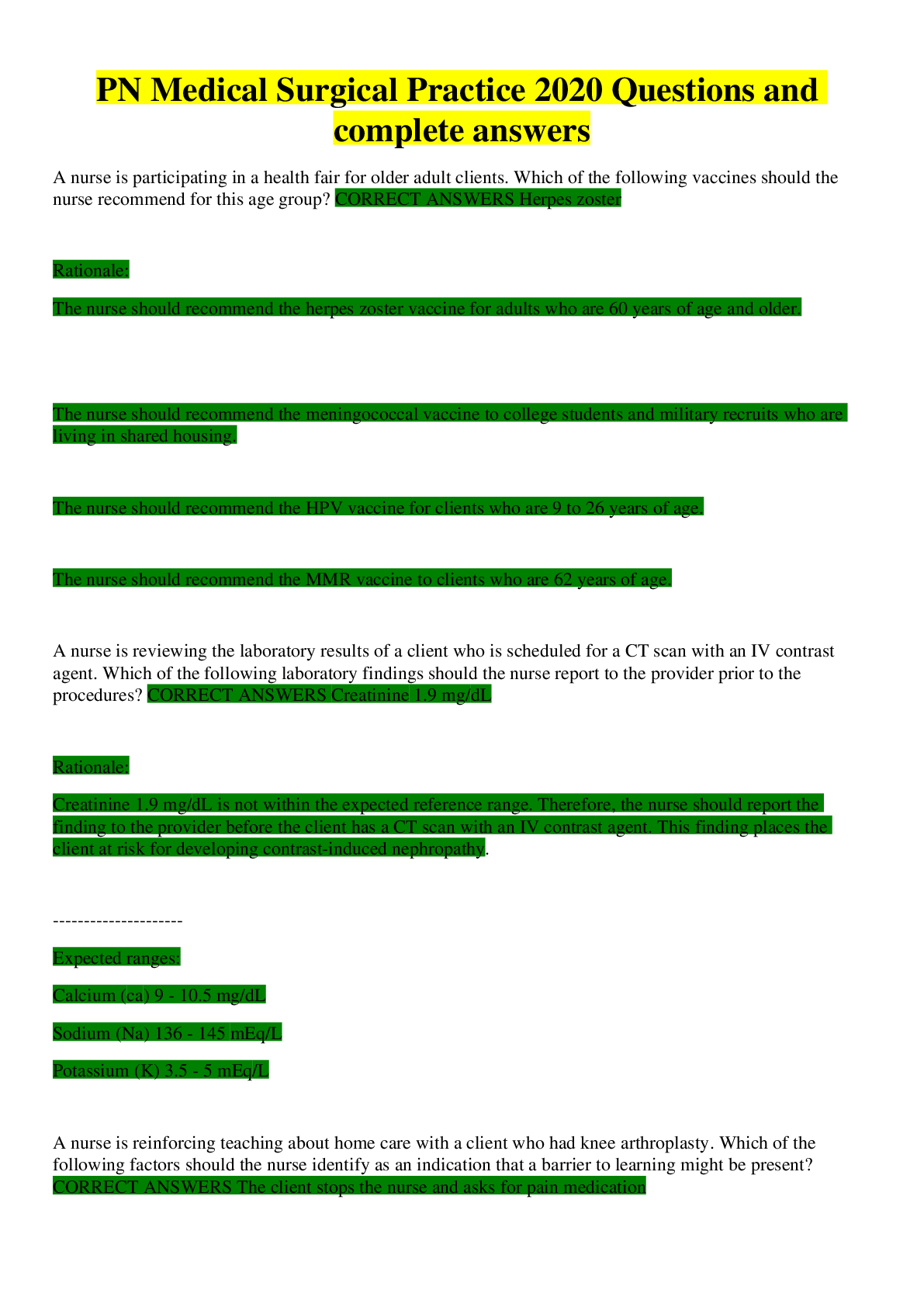 Preview image for PN Medical Surgical Practice 2020 Questions and complete answers